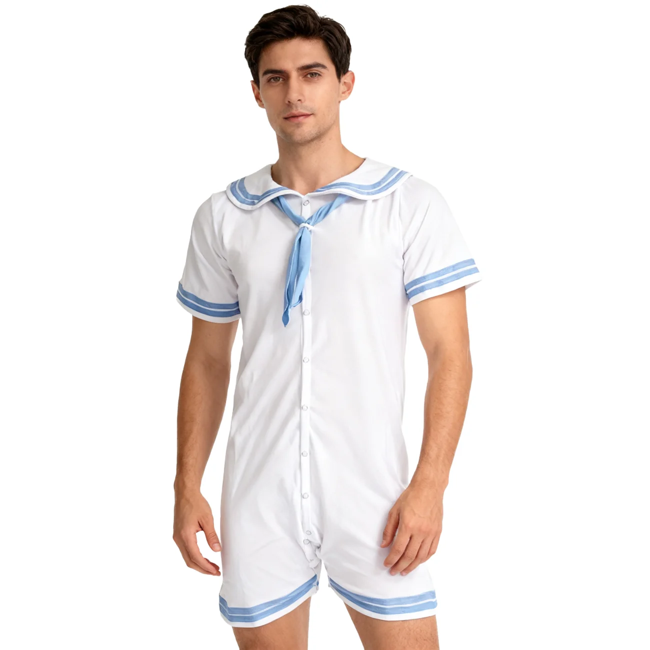 White Sailor with Light Blue Trim Bodysuit/Adult Onesie/Adult Bodysuit/Adult baby Romper/ABDL Clothes