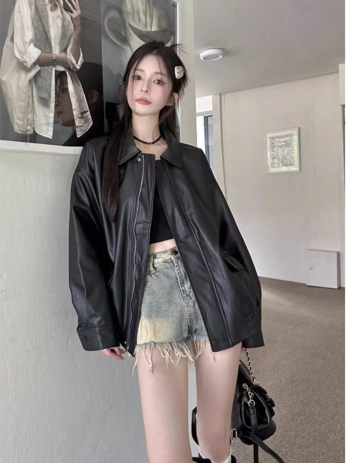 سترة جلدية بنية عتيقة ملابس خارجية قصيرة للنساء لربيع الخريف أسود رائع للدراجات النارية من جلد البولي يوريثان فضفاض بنمط الشا... #3