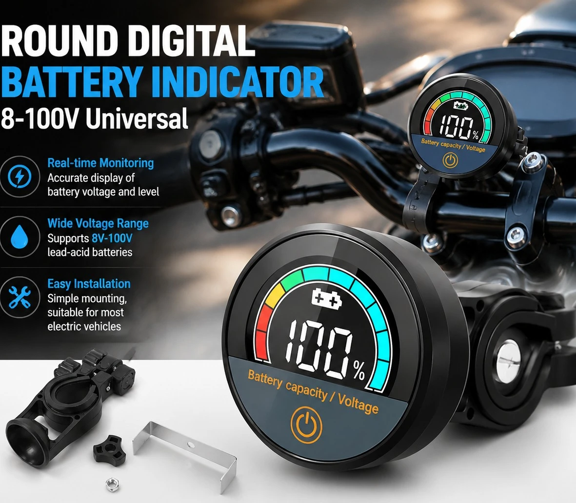 Waterproof Battery Capacity Indicator DC 8-100V Digital Voltmeter Voltage Tester for Car Motorcycle Boat 12V 24V 36V 48V