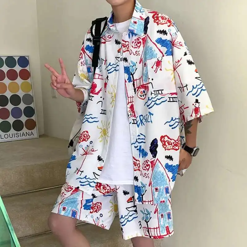 Short Sleeves Shirts And Shorts Outfit Graffiti Print 2 Pieces Sets Summer Beach Clothing Casual Loose Suit Holiday Tracksuits