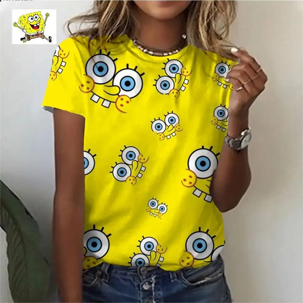 Summer fashion street trend retro boutique women\'s short-sleeved round neck T-shirt 3D printed Disney Spongebob cute T-shirt