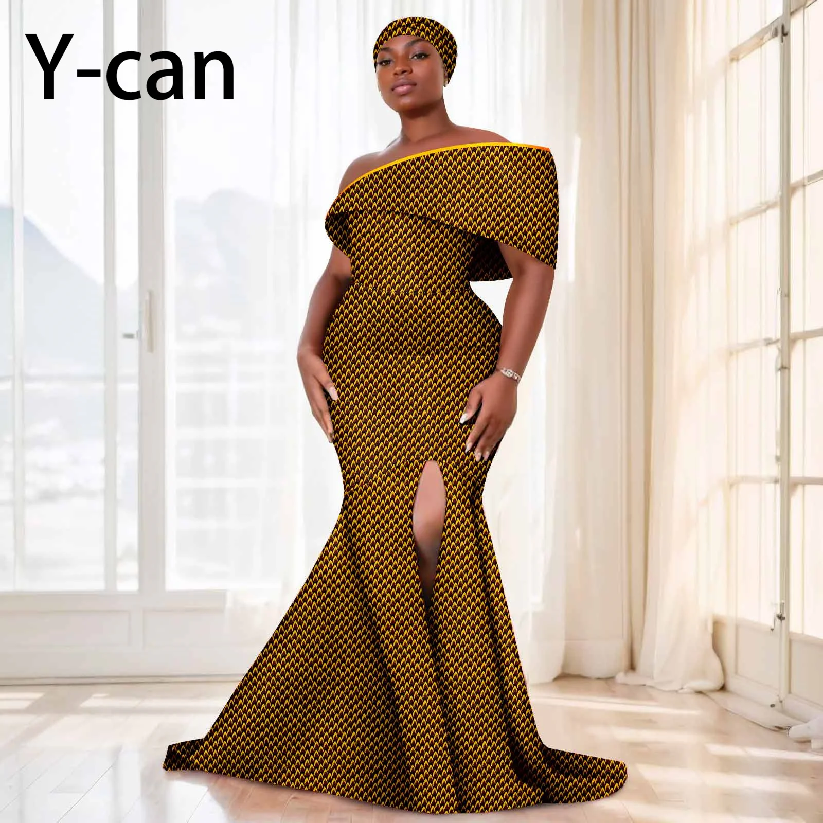 African Dresses for Women Festival Party Dashiki Ankara Print Off Shoulder Dress with Headwrap Wedding Bridal Dress 2425159