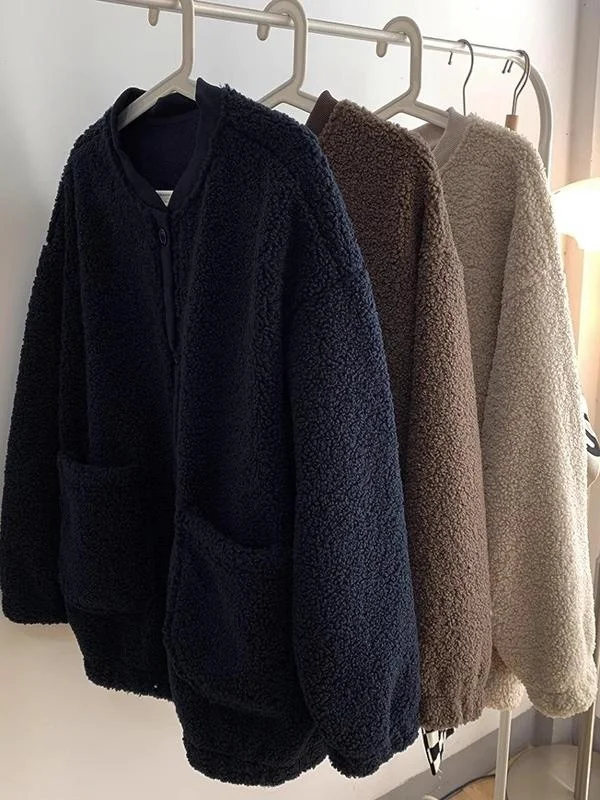 

Lamb Fur Casual Sweatirt Thiened Autumn Winter Women's Faion INS Loose Open Cardigan Warm Baseball Jaet Street Sle