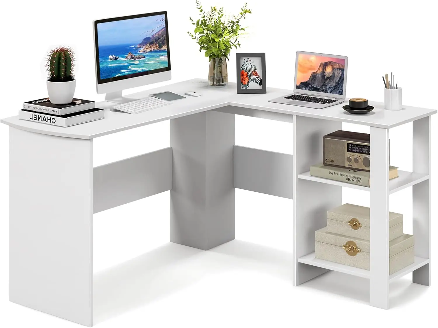 Elegant White L-Shaped Desk with Storage, Wooden Corner Computer Workstation Gaming & Writing Study Desk - Home Office Furniture