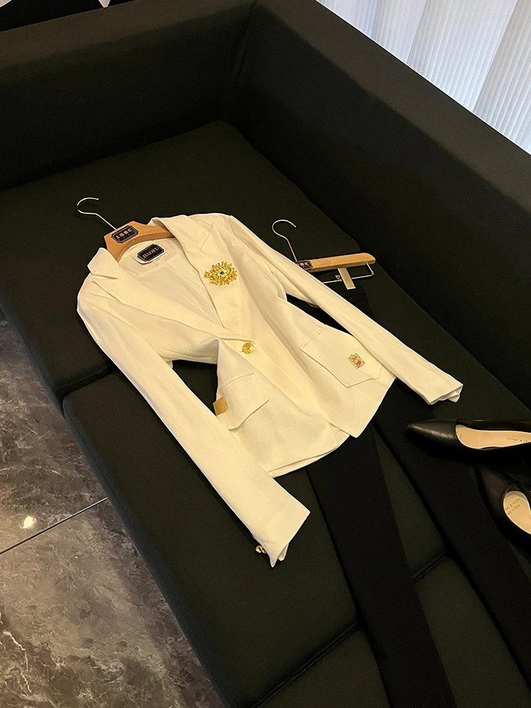 

Ele Commuter Sle Suit, новинка 2025, дизайн с одной пуговицей, металлическое украшение, Long Sve Pure Color Jaet, женская верхняя одежда Faion