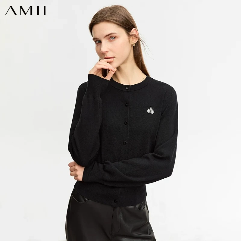AMII Minimalist Woolly Sweater for Women Autumn New 2026 Slim Ladybug Bead Embroidery Trendy Soft Knitwears Cardigan 12323148
