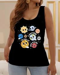 Camisetas sin mangas de talla grande para mujer, Tops holgados de corte bajo con estampado de dibujos animados, chaleco negro de gran tamaño para mujer