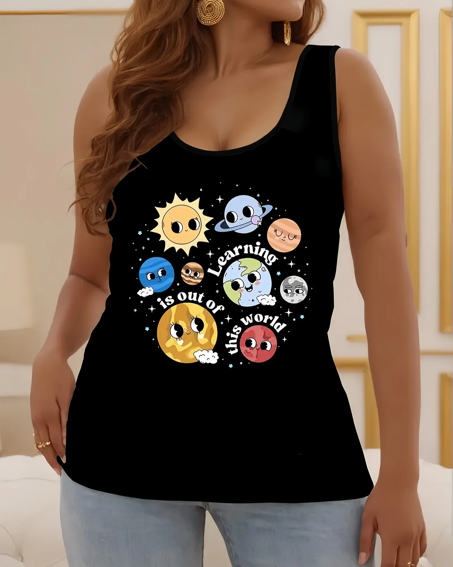 Summer Plus Size Women's Tank Tops Cartoon Print Loose Low Cut Tops Cute Ladies Black Oversize Camisole Vest for Women