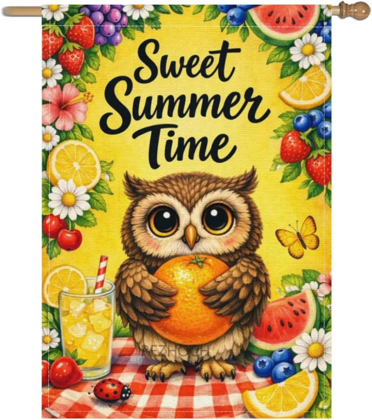 Sweet Summer Time Fun Owl Garden Flag 28x40Inch,Cute Animal Flower Fruit Checkered Picnic Cloth,Double Sided Seasonal Home F AAS