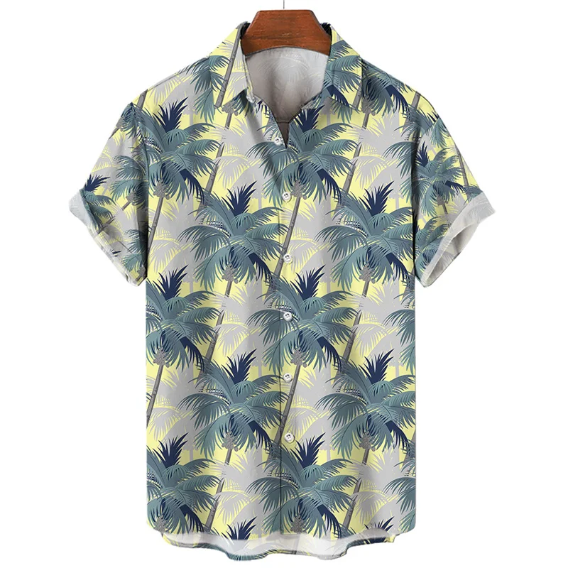 Camisa havaiana masculina com estampa 3D palmeira, tops de manga curta, blusa de lapela grande, roupa de rua, verão fresco