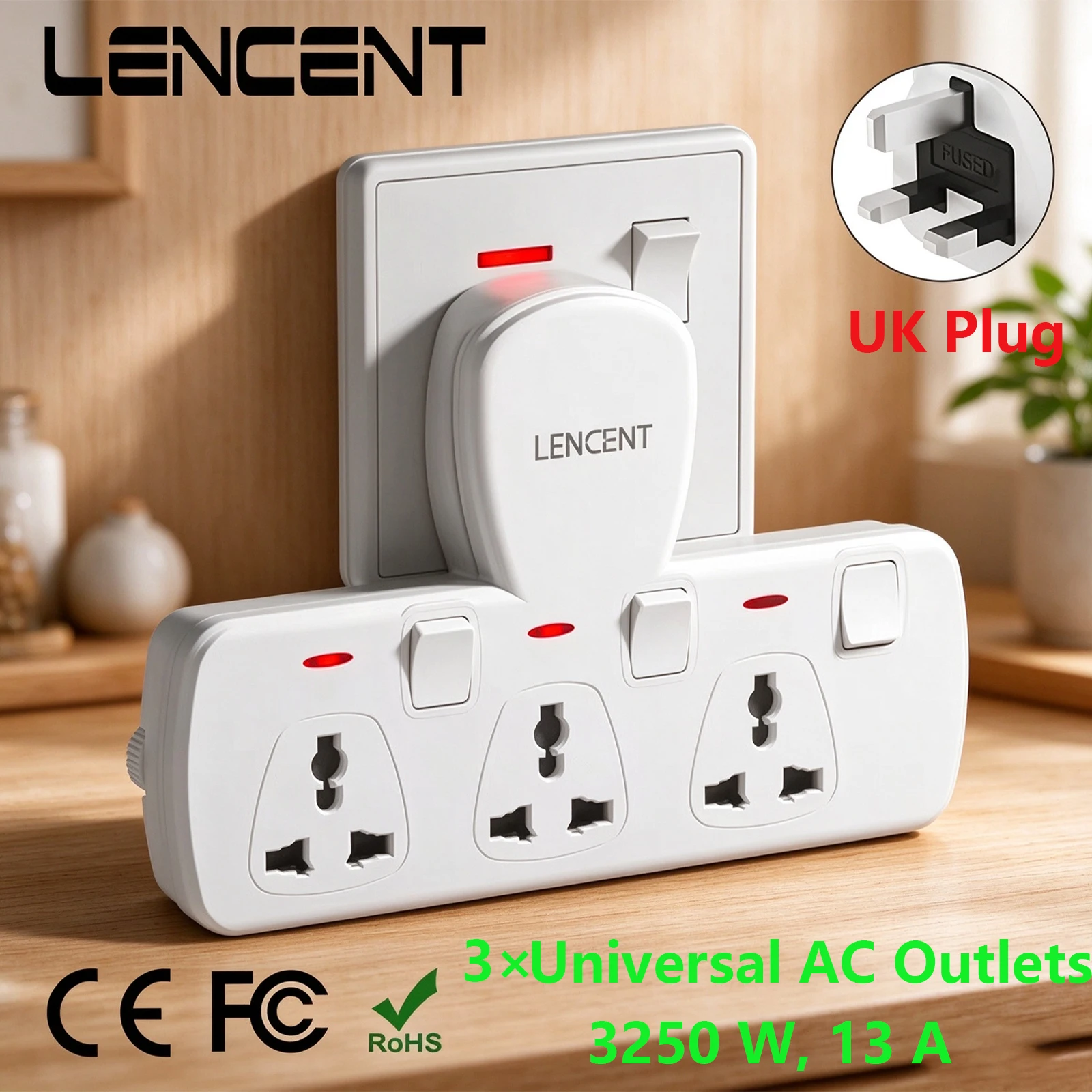 LENCENT UK Plug Power Strip with Independent Switch 3 Universal AC Outlets Wall Charger 13A 3250W for Home Office