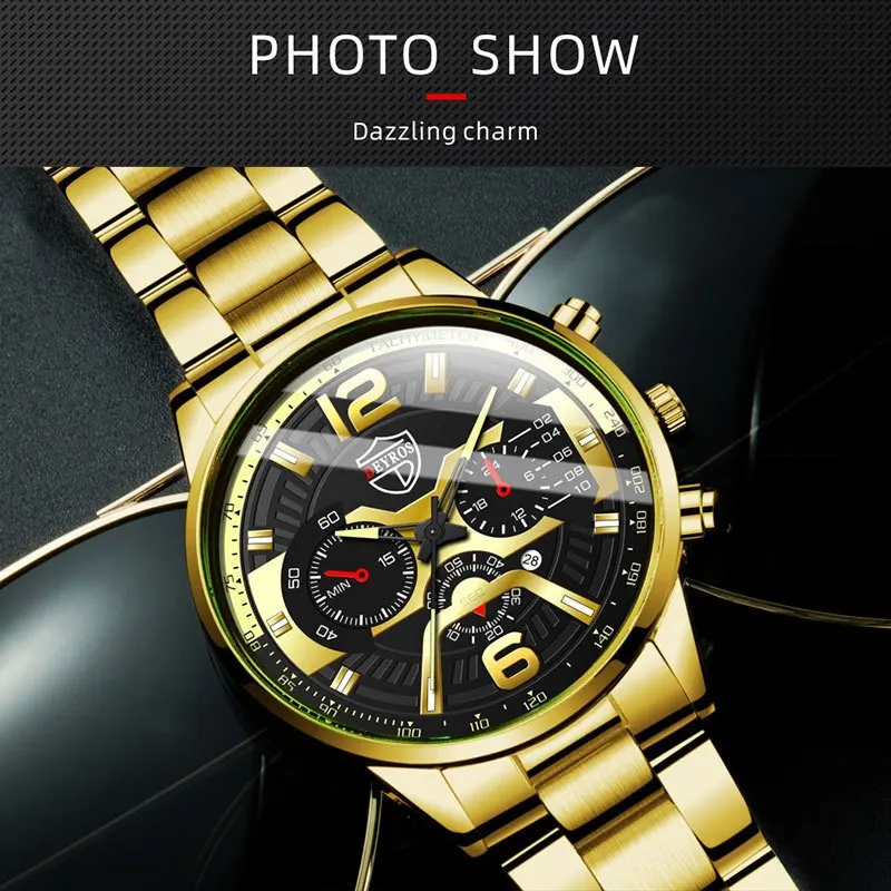 6P/Set Conjunto de relógio de quartzo de aço inoxidável dourado para homens, conjunto de relógio de moda casual de negócios dourado para homens