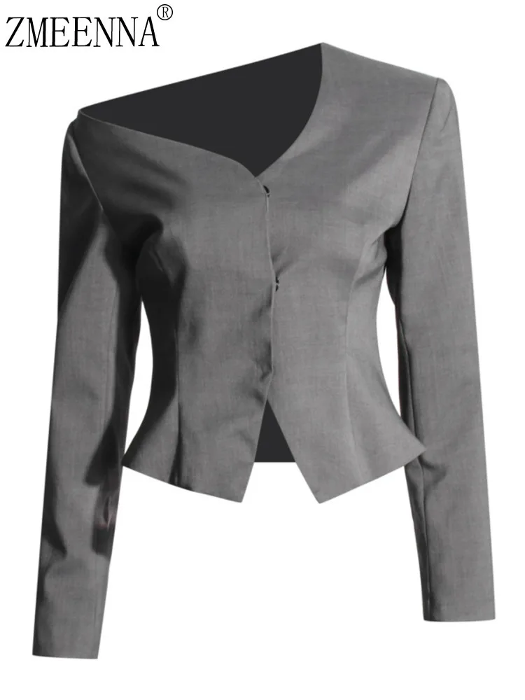

ZMEENNA Gray Blazer For Women With V Neck And Unique One Shoulder Design Long Sleeves Stylish Peplum Outerwear ZM4057