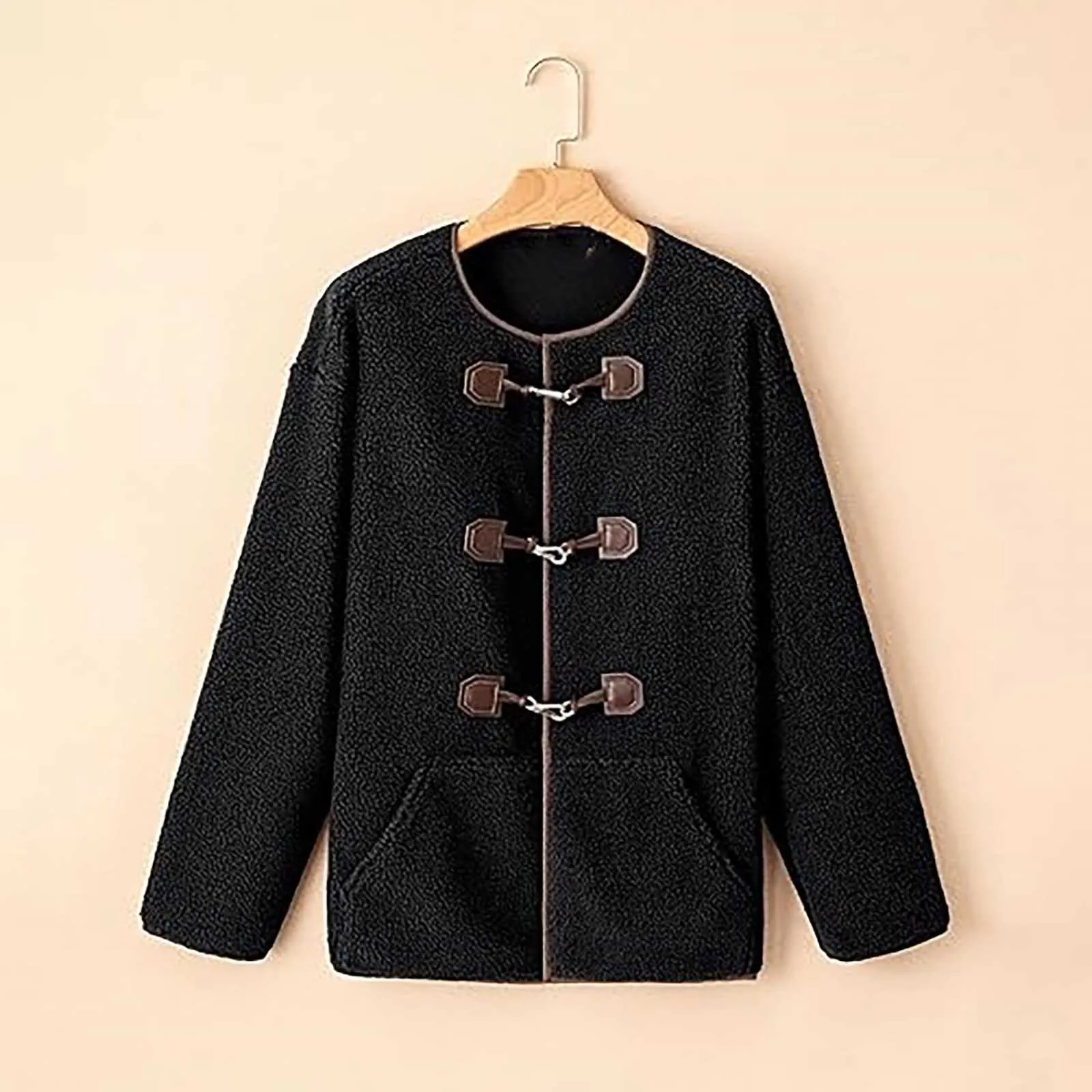 

Vintage Lamb Patchwork Jackets Coat Fleece Women Casual O-neck Horn Buttons Pockets Lady Coats Autumn Fashion Female Streetwears