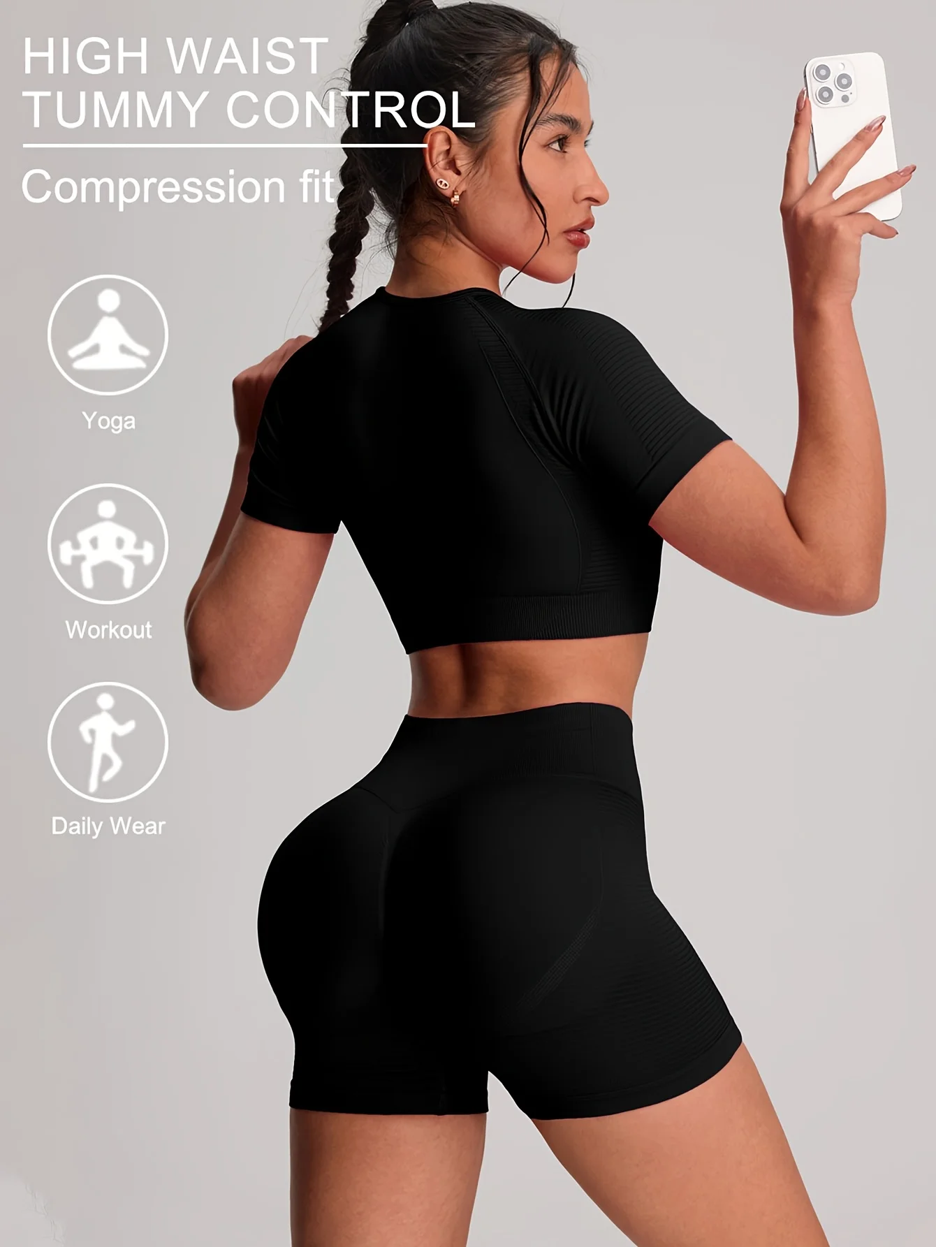 

European and American yoga suit set, high waisted and abdominal cinching vest, sportswear T-shirt, elastic peach hip tight pants