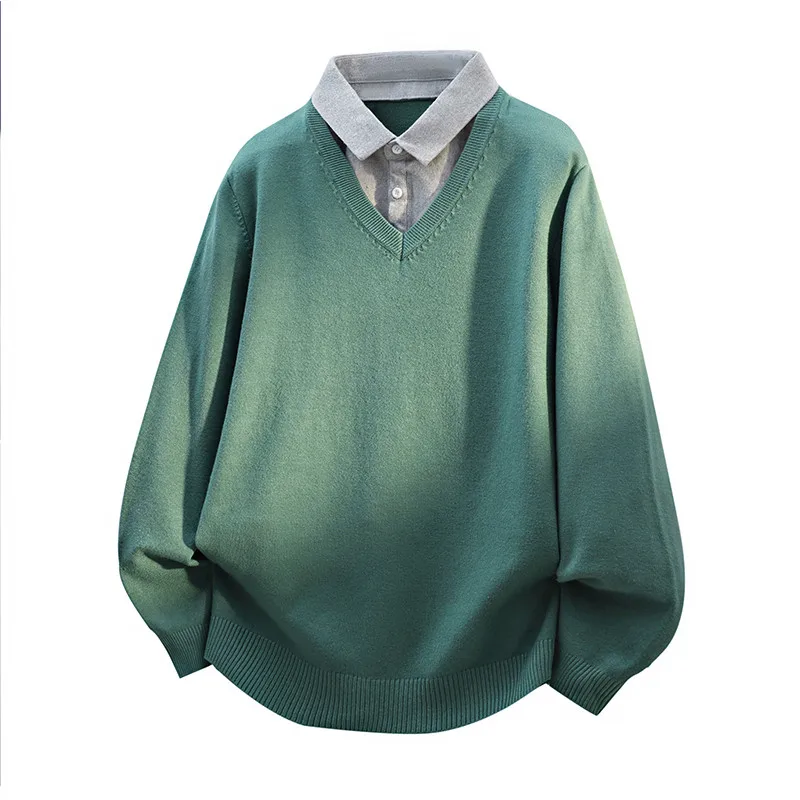 Faionable Maglione con colletto irt in puro colore Pezzo lavorato a maglia da uomo Falso in due pezzi Abbigliamento casual autunnale Comoda fibra di poliestere