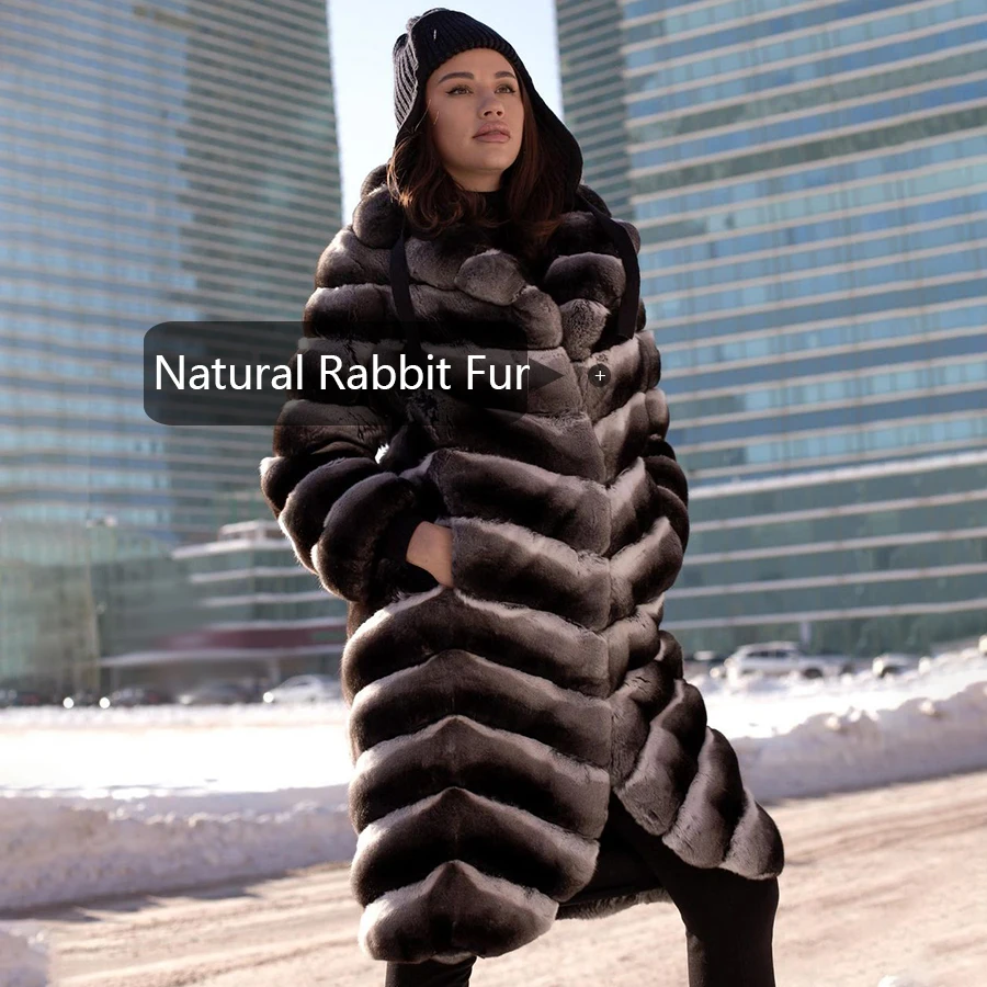 Chaqueta larga de piel Natural para mujer, abrigo de invierno de color Chinchilla, chaqueta cálida de piel de conejo Rex Real superventas