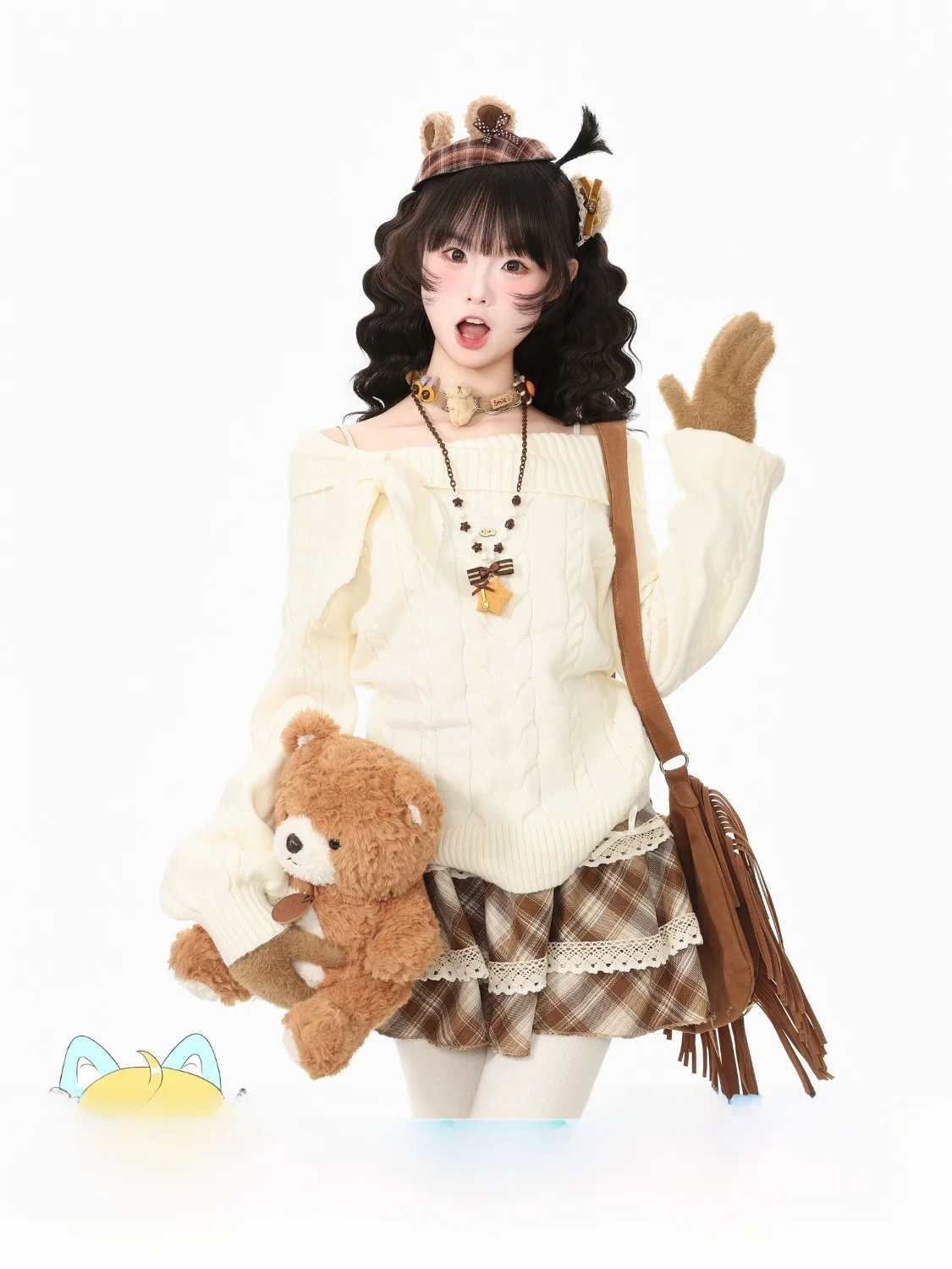 Blue Ghost Park Languid Park Sweet Knitted Sweater Plaid  Skirt Two-Piece Set Women's Autumn Collection Casual Style