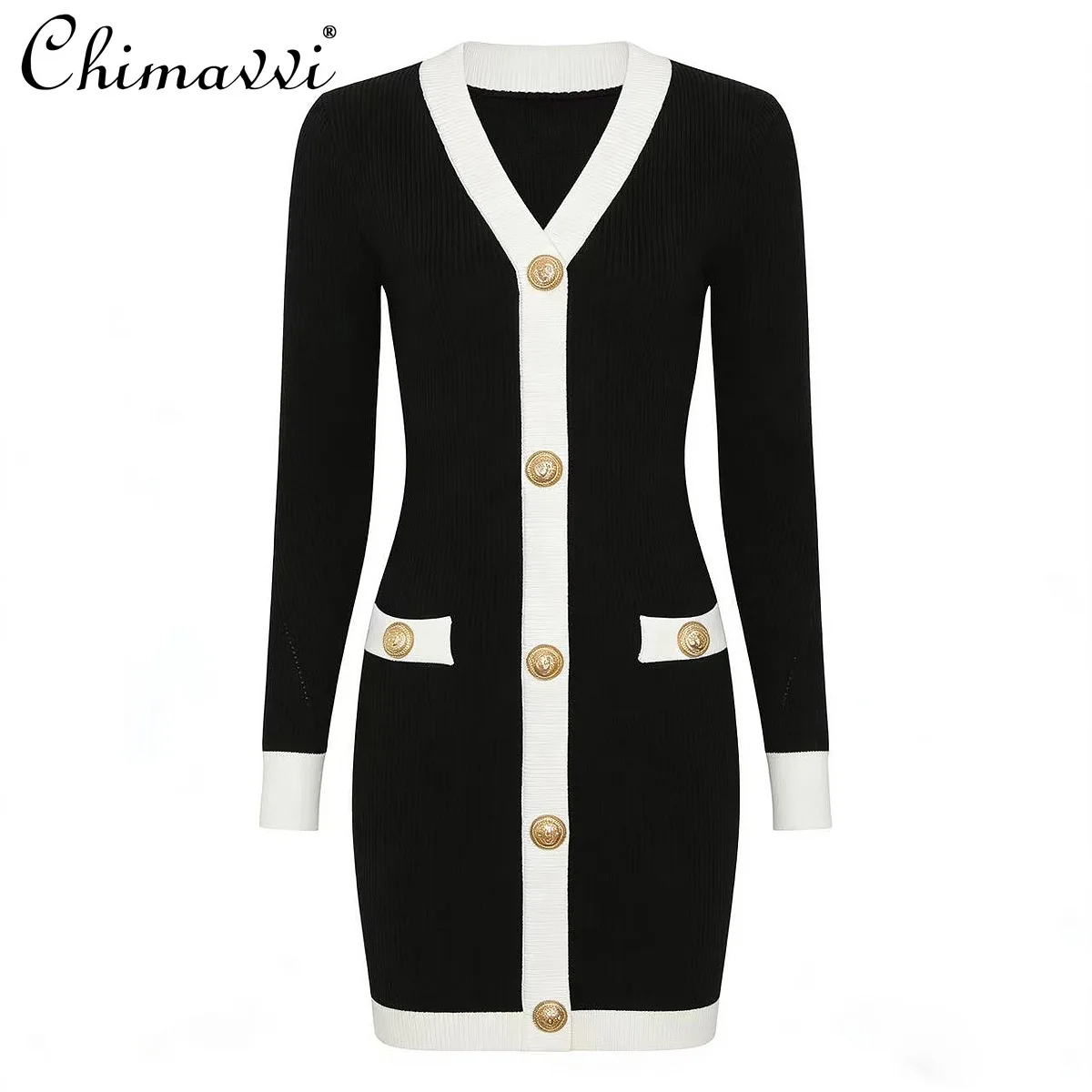 

2026 Spring Autumn New Fashion Color Block V-neck Waist-cinching Knitted Long Sleeve Dress Women's Elegant Short Commuter Dress