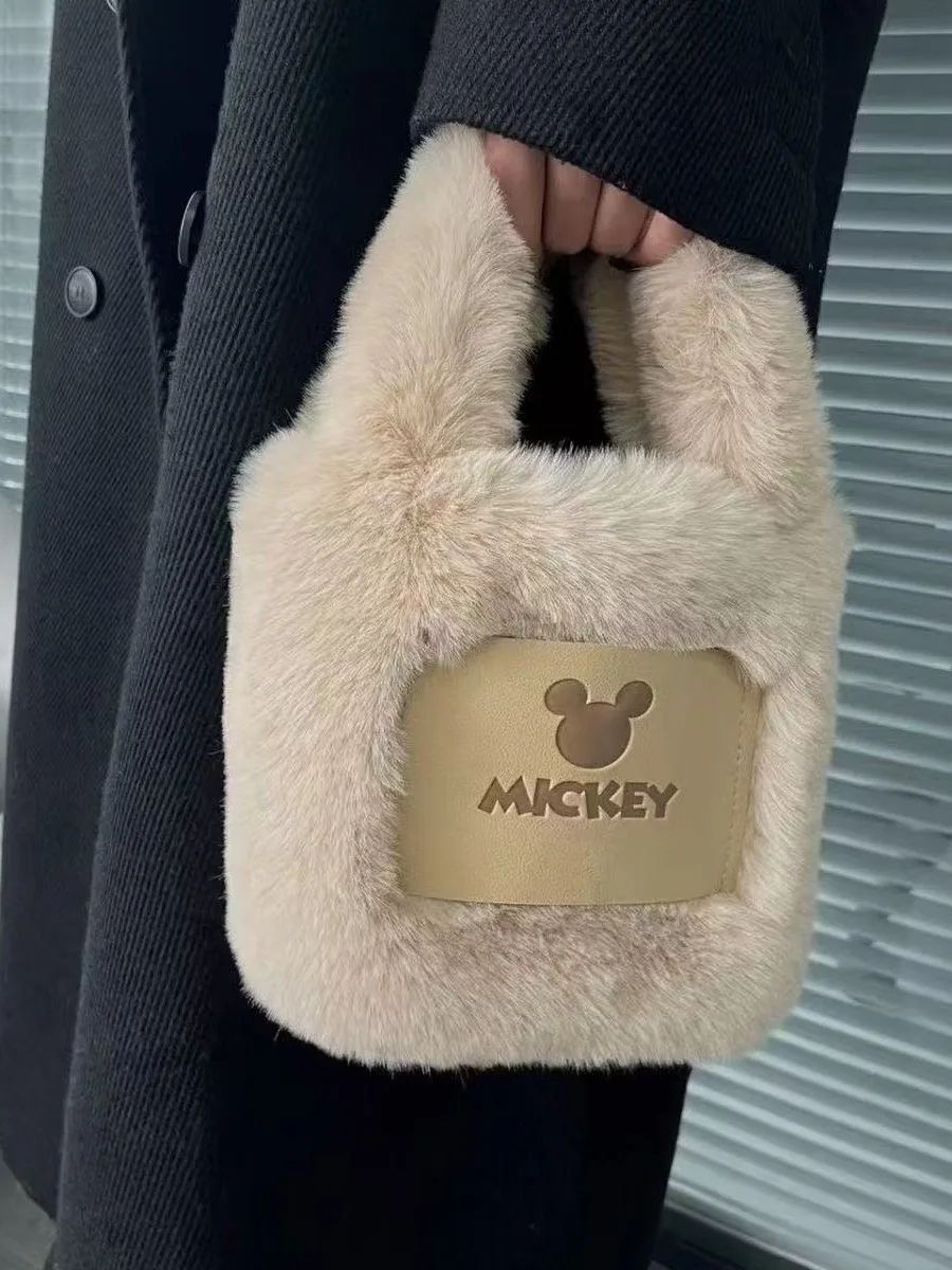Bolso tipo cubo de piel sintética de Mickey Mouse, bolso cruzado de moda de invierno, bolso de hombro de felpa suave de gran capacidad para mujer