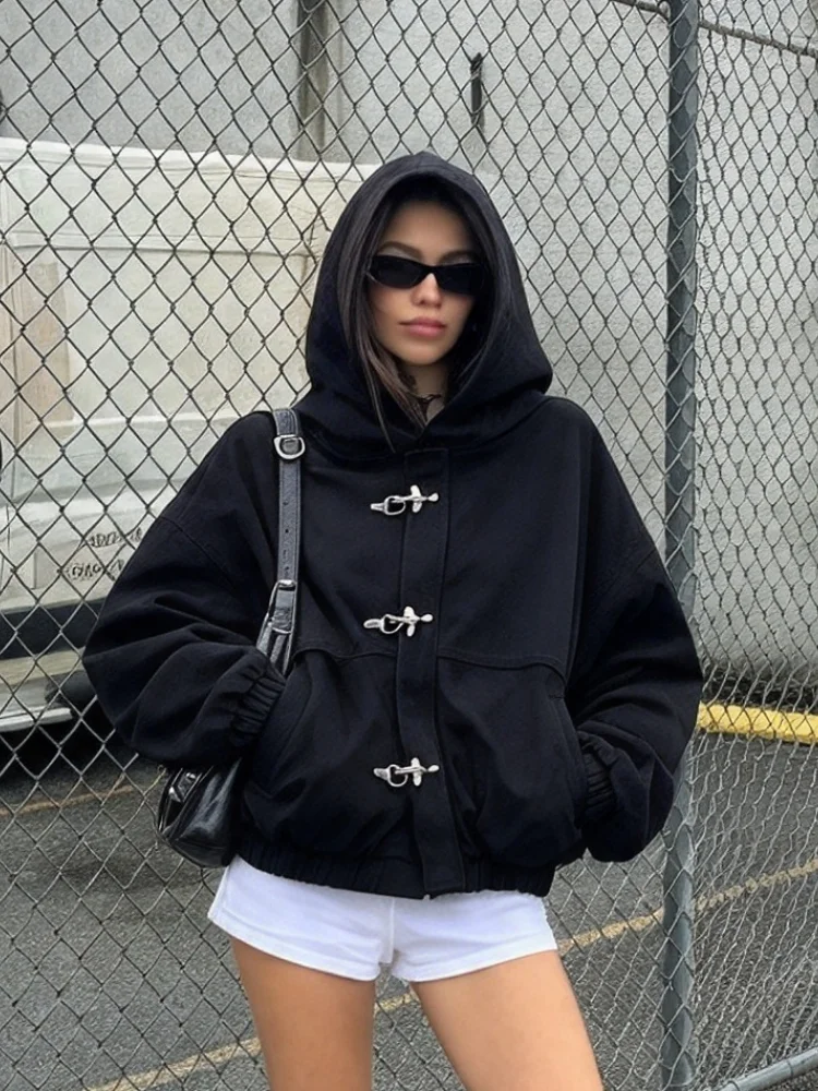 Autumn New Women Black Hooded Cropped Jacket Retro Workwear Metal Hook‑Clasp Loose Drop‑Shoulder Elastic Hem Casual Coat
