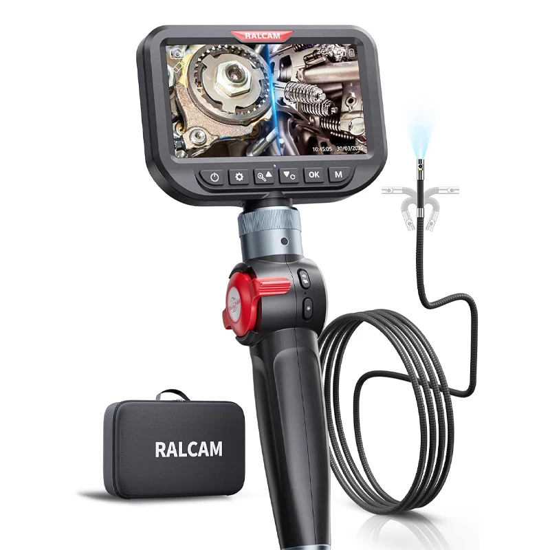 

Ralcam 360° ° Двусторонний шарнирный бороскоп, эндоскопическая камера с 5-дюймовым экраном, двойная камера для осмотра 6,5 мм с 6 + 1 светодиодами, 32G-карта