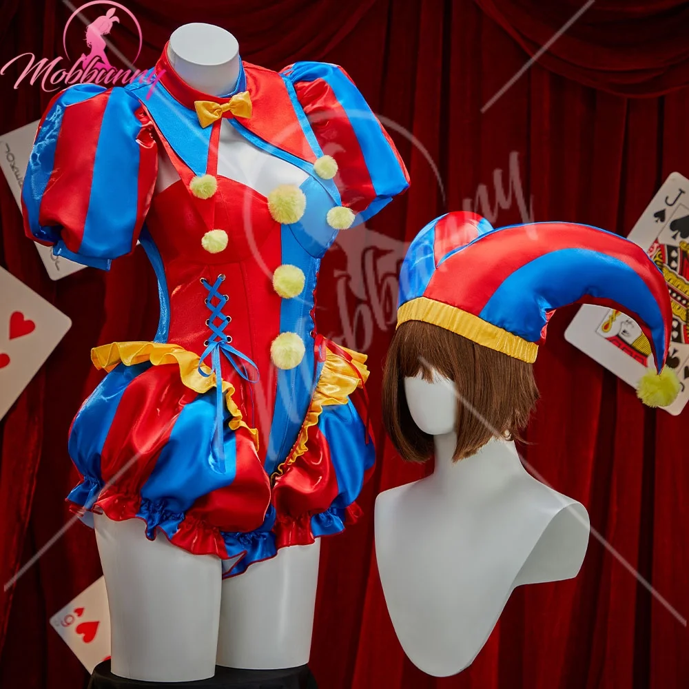 Disfraz de payaso para mujer, de la marca Mobbunny, ideal para cosplay, con un diseño de circo, sexy, en color azul y rojo, con un mono y una chaqueta de colores contrastantes, además de un sombrero y unos guantes.