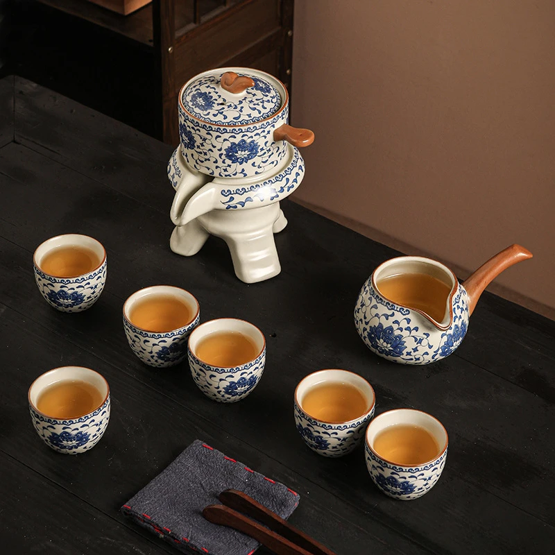 Blue and White Porcelain Ru Kiln Automatic Teaware Sets High-end Kung Fu Tea Set Lazy Stone Mill Teapot for Household