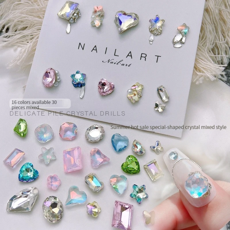 30PCS Rhinestone Pointed Diamond Colorful Crystal Super Flash Butterfly Fat Square Crooked Heart Mix Nail Jewelry Accessories