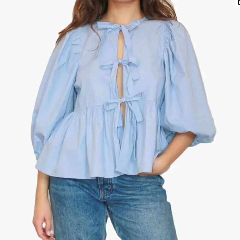 Women's Lace-Up Front Shirt Short Bubble Sleeve Ruffle Edge Shirt Coquettish Ruffle Edge Doll Top Summer Outside