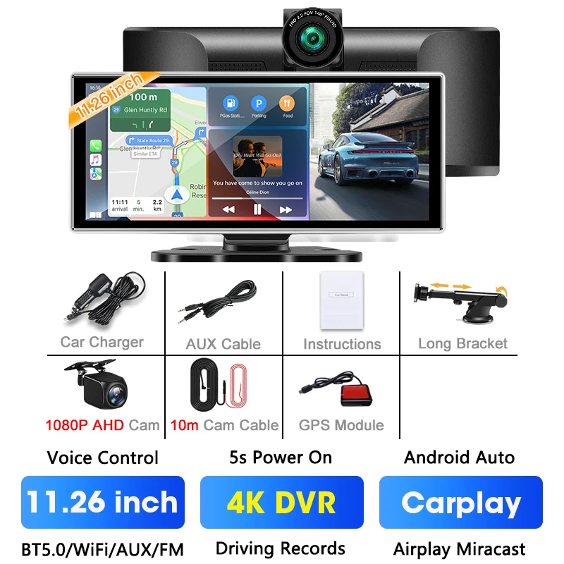 11.26 inch Car DVR 4K Camera Dash Cam Wireless Carplay & Android