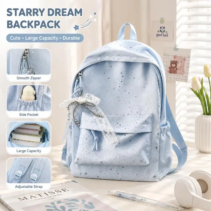 Damen-Schultaschen aus Segeltuch mit mehreren Taschen, Tagesrucksack mit Schleifenanhänger, Laptop-Rucksäcke – Detail 1