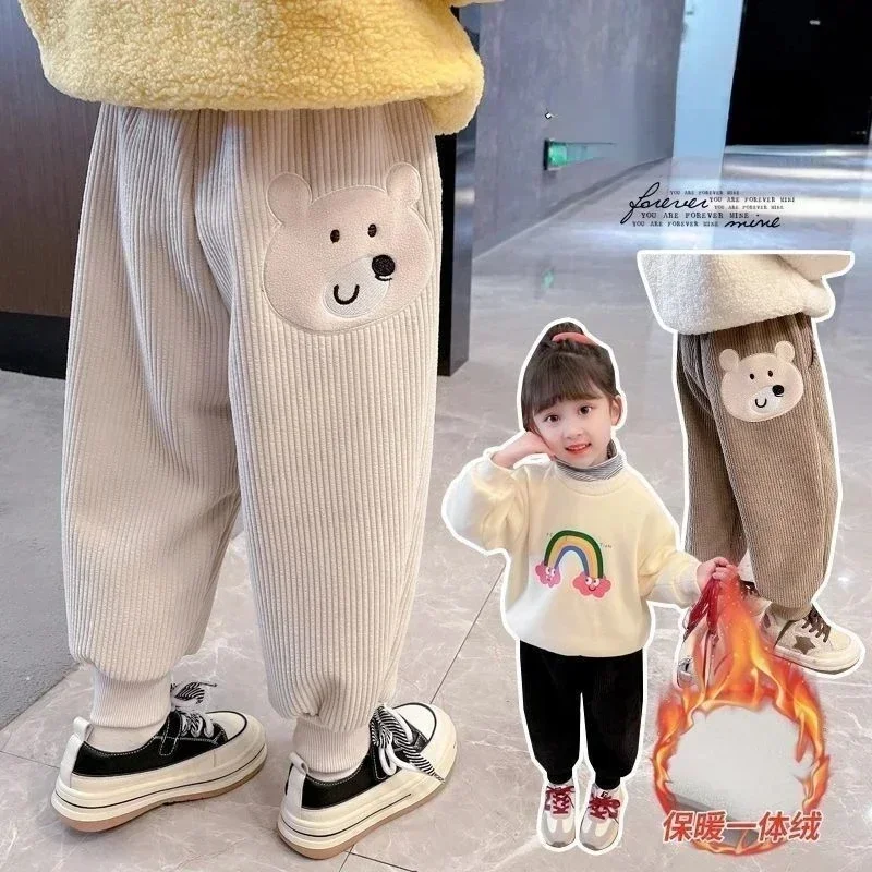 New Kids Pants Winter Baby Sweatpants Thicken Corduroy Boys Casual Pants Children Cartoon Bear Trousers Girls Warm Sport Pants