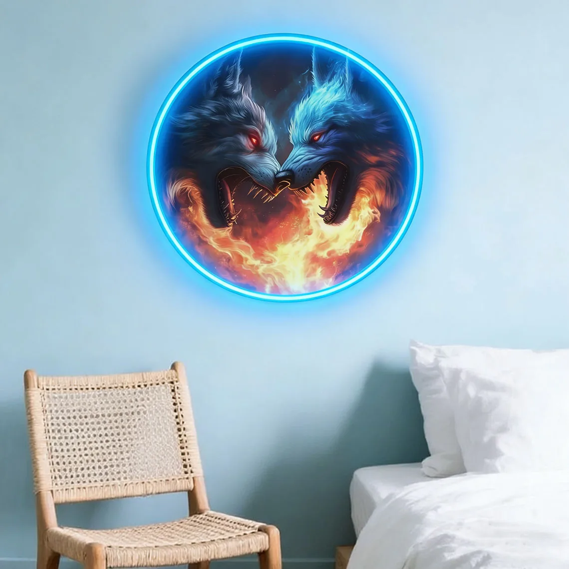 Wolf Neon Led Sign,Flaming Wolves Neon Sign,Fire & Ice Wolves Neon Sign,Dual Wolf Wall Art for Gothic Bedroom,Bar,Man Cave Decor