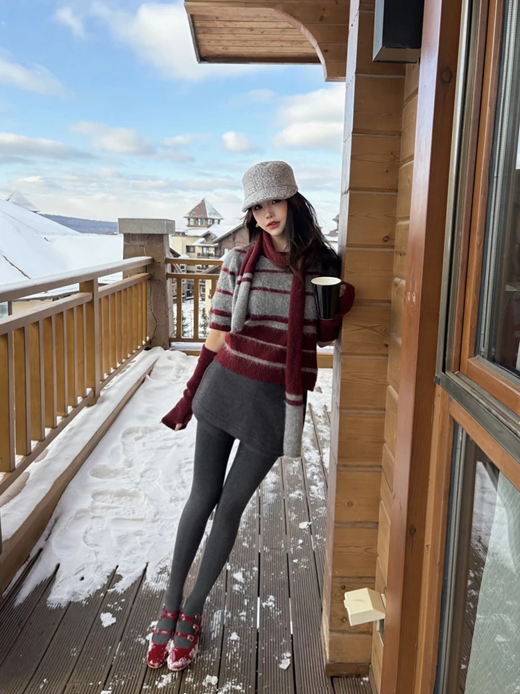 

Мягкий уютный полосатый свитер-шарф для женщин, тонкий вязаный, в праздничном стиле, свободного кроя, чистый стиль