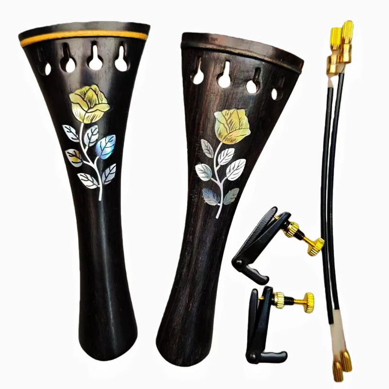 1pcs Black Ebony Violin Tailpiece with Finetuner Gut Hand inlaid Pearl shell 4/4 Full size Fiddle Tail Pie Replacements