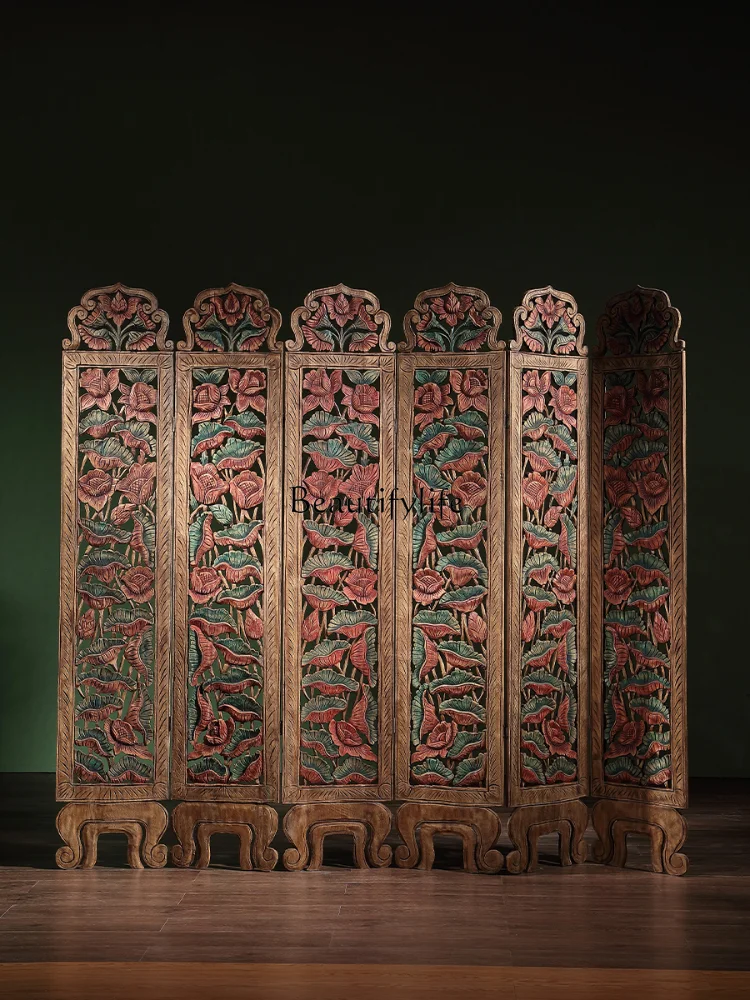 Southeast Asia Hand Carved Solid Wood Painted Hallway Jucai Subareas Screens Folding Accordion Partition