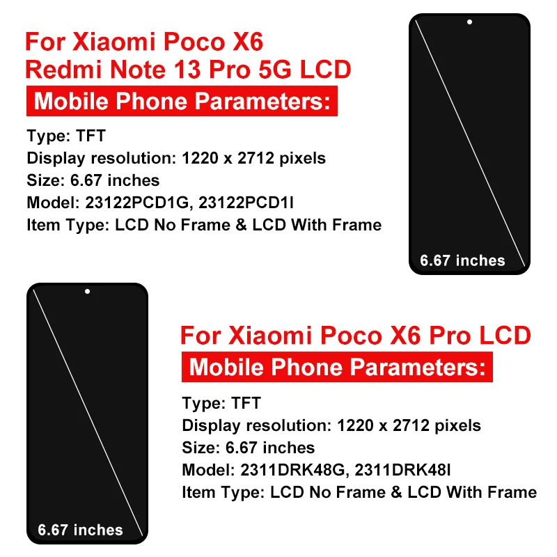 New TFT For Xiaomi Redmi Note 13 Pro 5G Display Poco X6 LCD Touch Screen Digitizer Assembly For Poco X6 Pro LCD Replacement Part