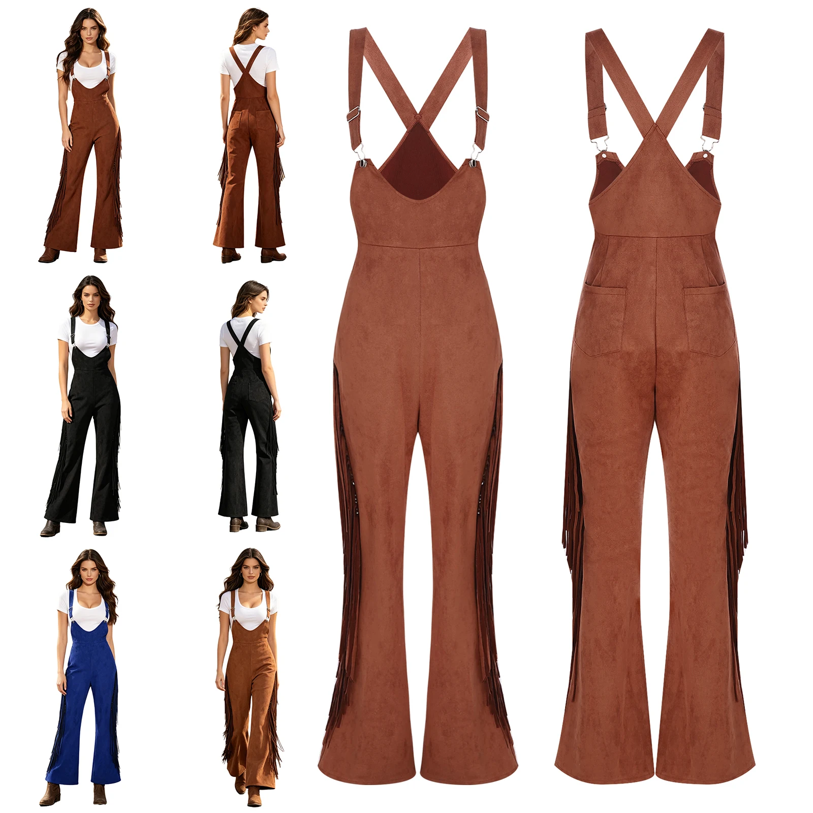 

Women Western Cowgirls Style Fringed Overalls Adjustable Straps Wide-leg with Tassel Pockets Jumpsuit for Casual Raves Party
