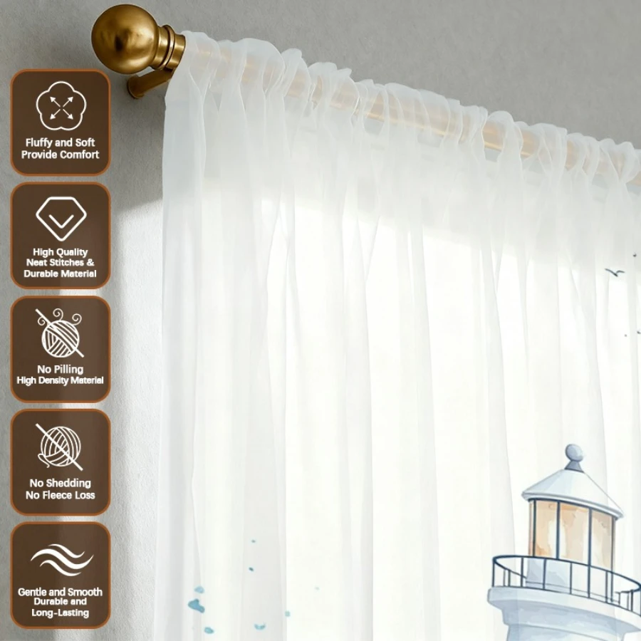 2PCS Digital Print Sheer Curtain, Coast Lighthouse, Modern Minimalist Window Curtains for Living Room Bedroom Home Decor
