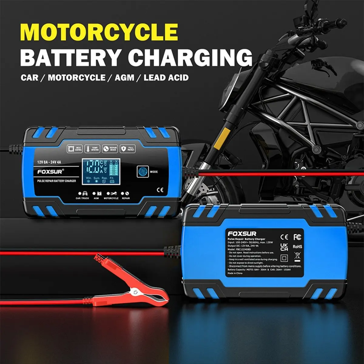 A99X  Motorcycle Car Battery Charger 12V 8A 24V 4A Automatic Pulse Repair LCD Smart Car Battery Repair Charger-EU Plug