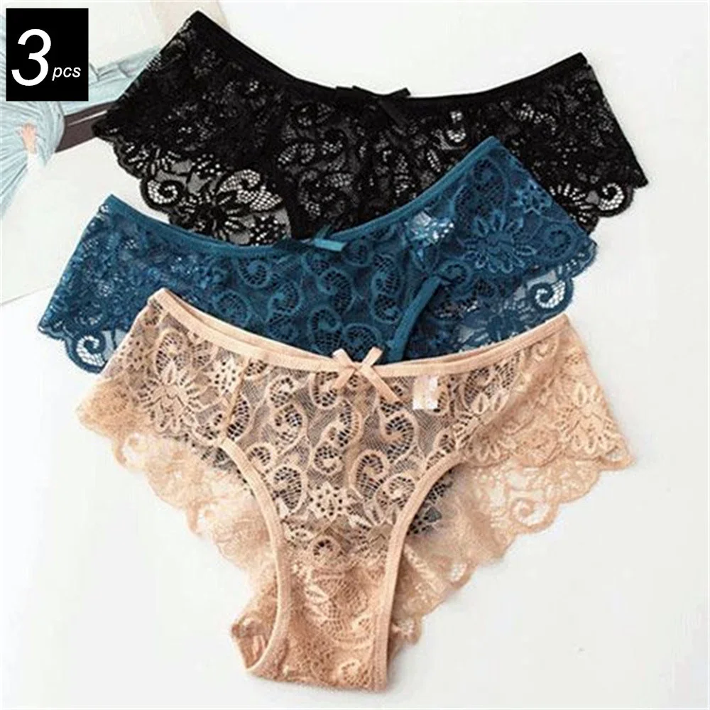 3pcs Lace Briefs Underwear Set for Women Cotton Crotch Female Underpants Hollow Out Panties Plus Size Briefs