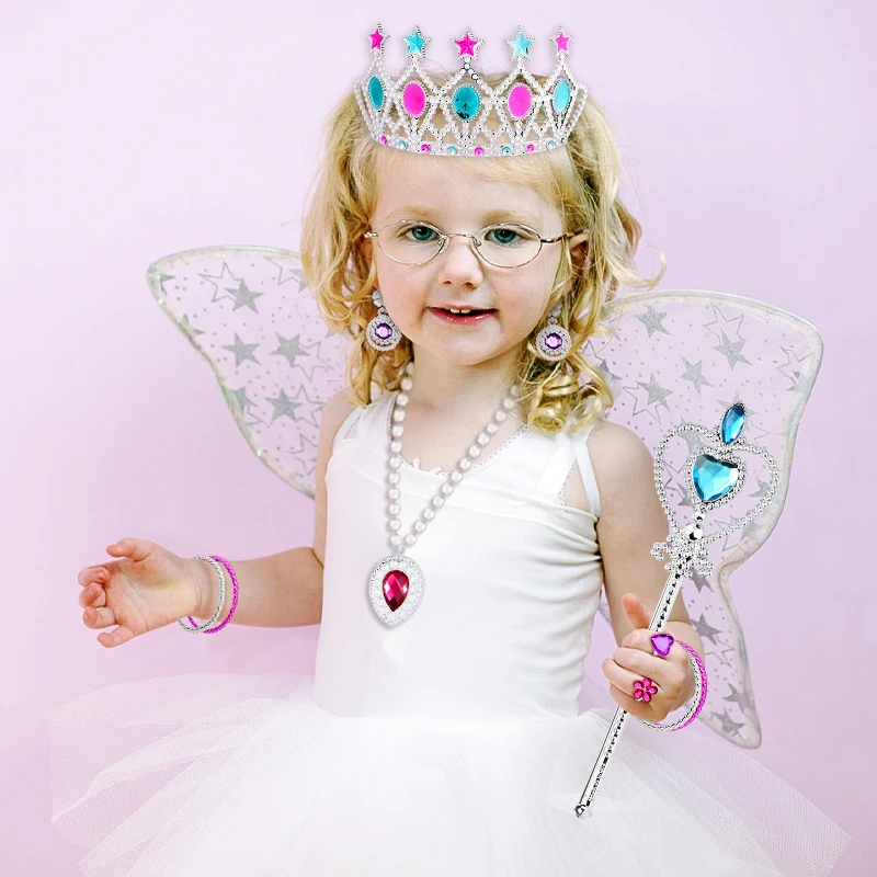 48Pcs Princess Pretend Jewelry Toy Kit Crowns Necklaces Wands Earring Bracelets Cosplay Girls Favor Party Dress Up Gift for Kids