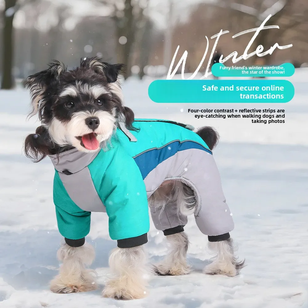 

New Winter Dog Jacket with Leash, Reflective Warm Four-Legs Cotton Coat, Cold Weather Outdoor Puppy Clothing for Small Breeds