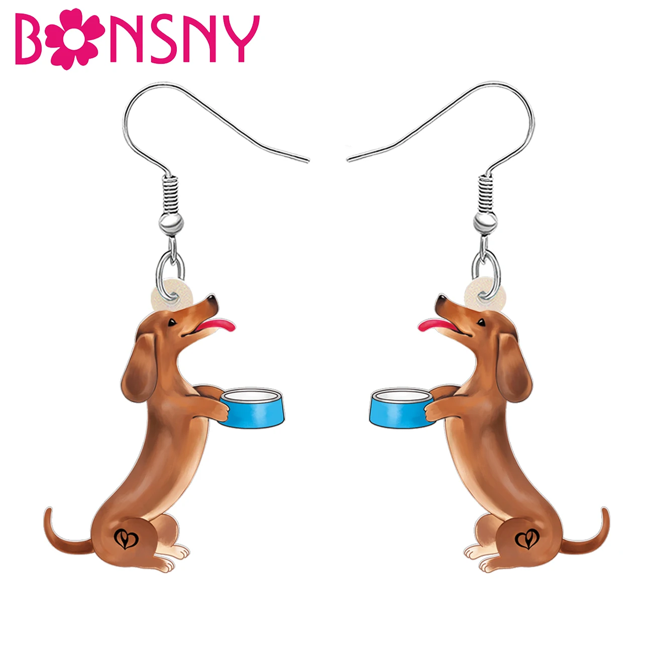 BONANY Acrylic Funny Bowl Standing Brown Dachshund Dog Earrings Drop Dangle for Women Girls Kids Teens Charms Pets Jewelry Gifts