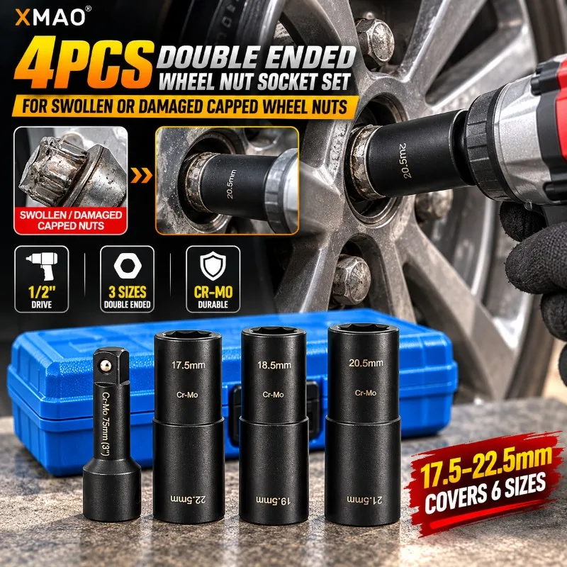 4PCS Damaged Wheel Nut Socket Set 17.5-22.5mm Double Ended Cr-Mo 1/2in Drive Lug Nut Remover Tool for Ford Land Rover Repair