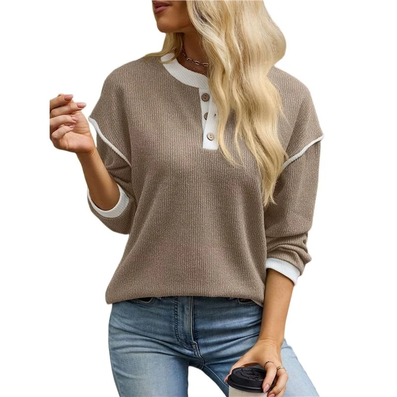 Women's Contrast Henley Button Loose Long Sleeve Sweatshirt Brown S Eco-Friendly