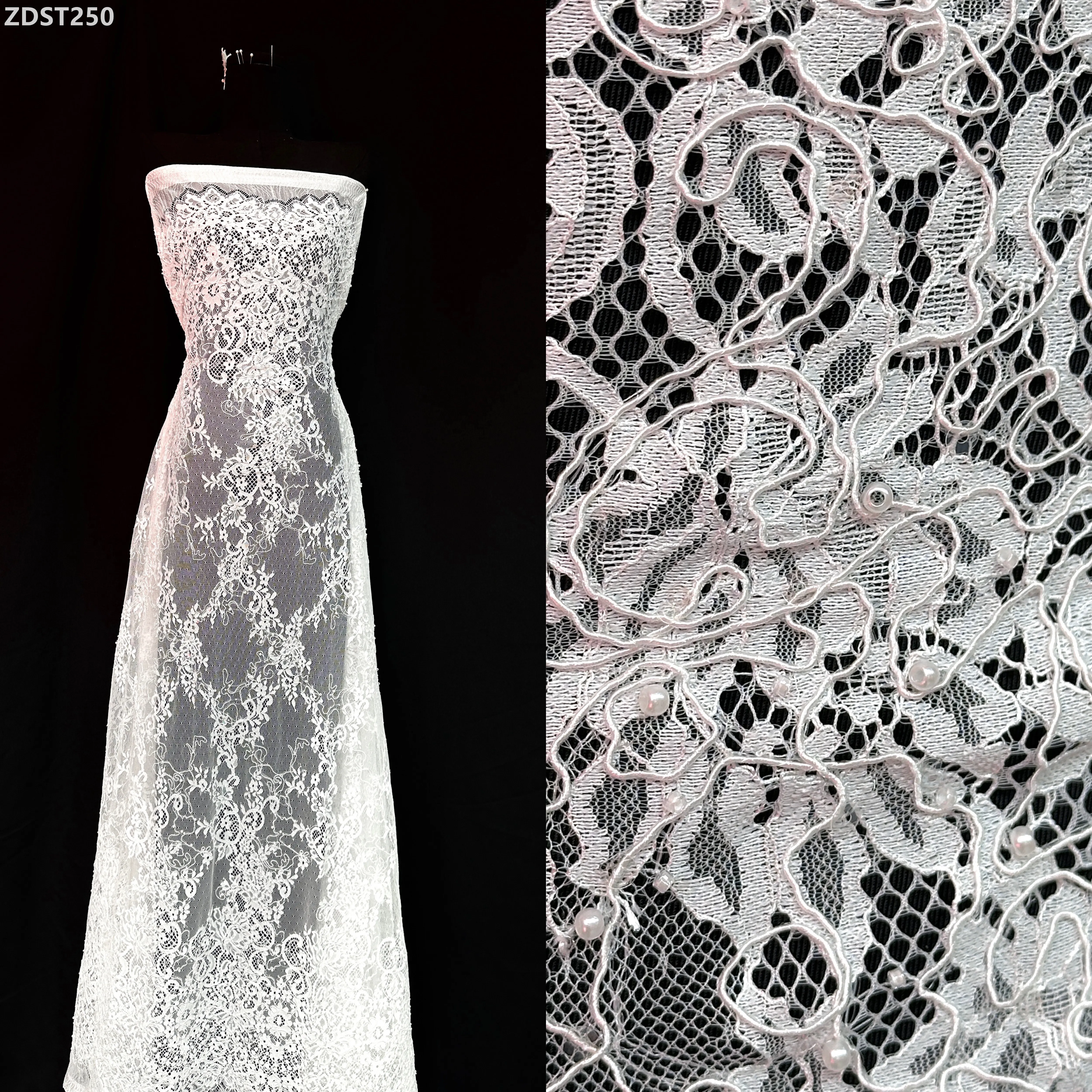 

3.3Yards European Bridal Lace Fabric with White Florals Beads And Stones Embellished French Cord for Wedding Dresses