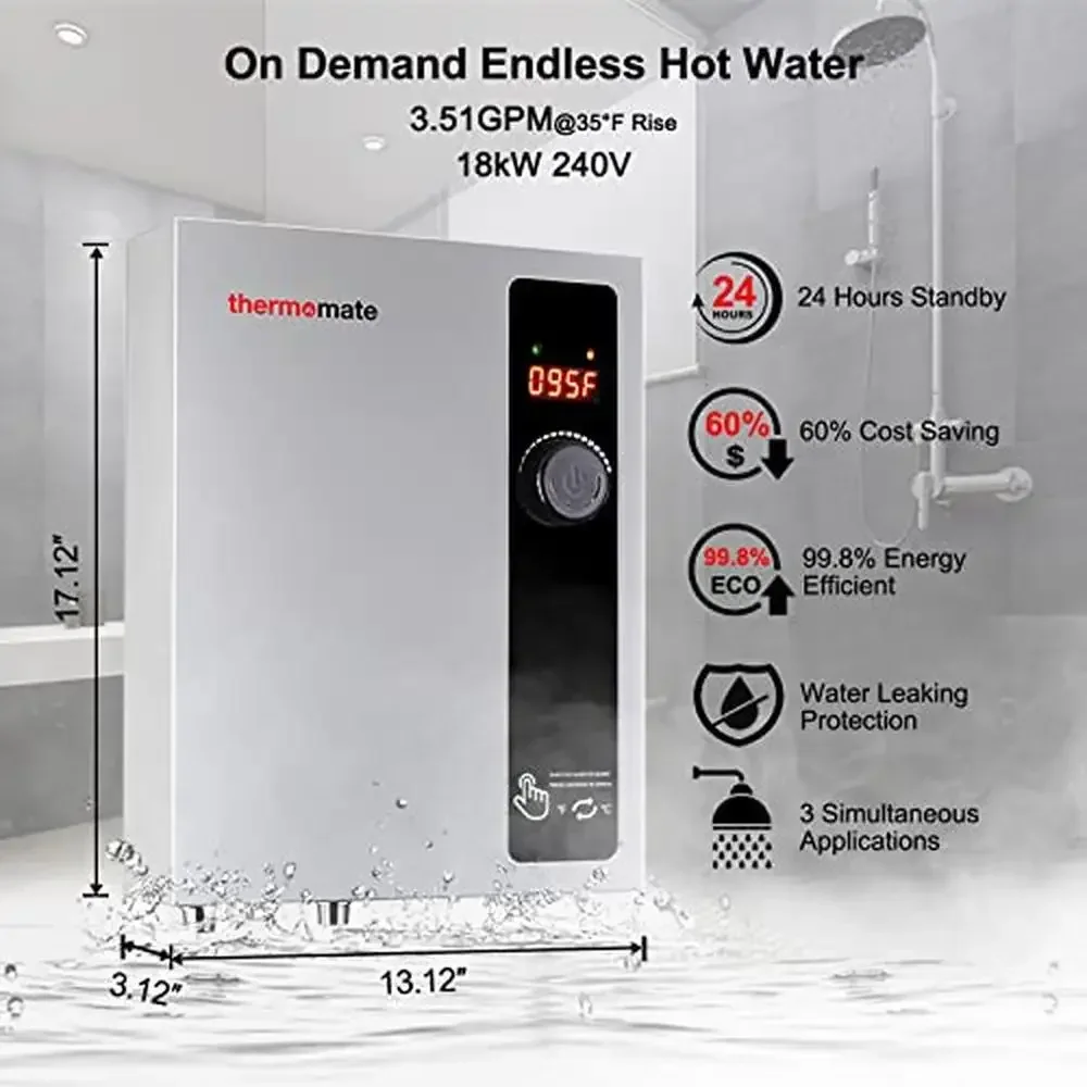 Electric Tankless Water Heater 18kW 208-240V On Demand Instant Hot Water Compact Size Digital Temperature Display ETL Certified