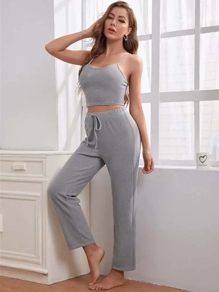 Solid Plaid Knitted Pajama Sets Women Autumn Sexy 3 Pcs Sets Casual Home Wear Sleeveless Tank Crop Long Cardigan and Pantsuit